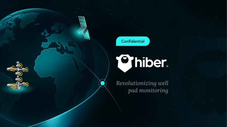 Hiber campaign visual: a wellhead on Earth connected by a glowing orbit line to a satellite, with the Hiber logo and the line “Revolutionizing well pad monitoring”