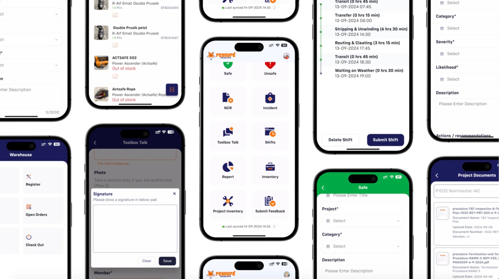 Reynard Toolbox Suite mobile app screens: home grid, warehouse, toolbox talk signature, shift log and project documents